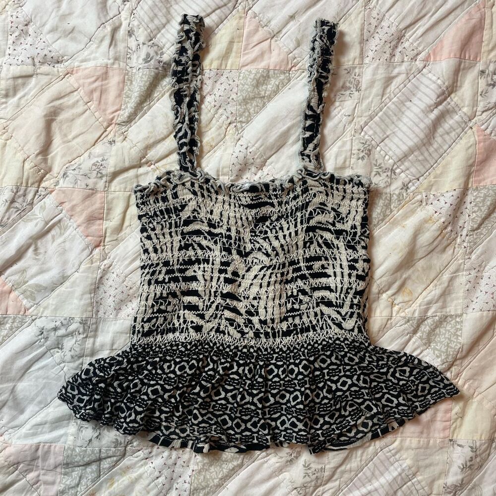 patrons of peace palm tree print boho geometrical stretchy smocked cami size xs